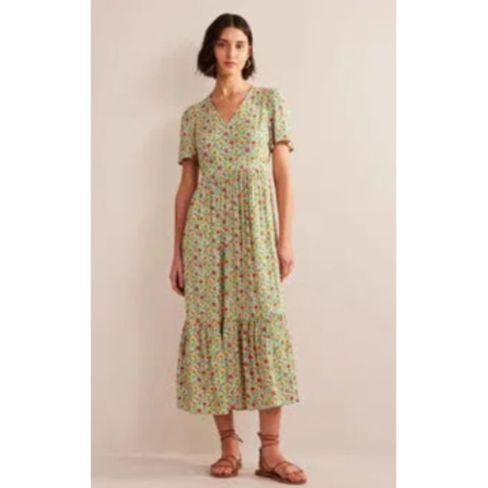 Boden‎ Floral V-Neck Maxi Dress Short Sleeve Tiered Multicolor US 14R D0647